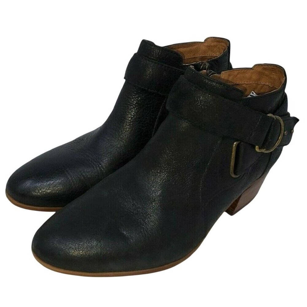 Clarks Ankle Boots Women's 6.5 M Spye Belle Black Leather Booties Harness Heeled